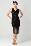 Fringed Sheath Sequin V Neck Black Bugundy 1920s Dress