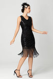 Fringed Sheath Sequin V Neck Black Bugundy 1920s Dress