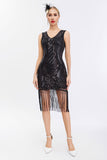 Sparkly Black Golden V Neck Sheath Gatsby 1920s Dress with Tassles