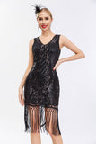 Sparkly Black Golden V Neck Sheath Gatsby 1920s Dress with Tassles