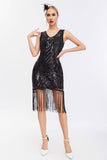 Sparkly Black Golden V Neck Sheath Gatsby 1920s Dress with Tassles