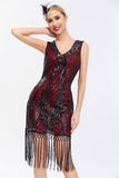 Sparkly Black Golden V Neck Sheath Gatsby 1920s Dress with Tassles