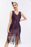 Sparkly Black Golden V Neck Sheath Gatsby 1920s Dress with Tassles