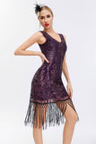 Sparkly Black Golden V Neck Sheath Gatsby 1920s Dress with Tassles