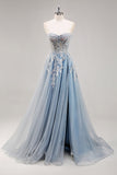 Dusty Blue A Line Strapless Sheer Corset Beaded Long Prom Dress with Slit