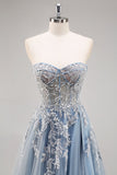 Dusty Blue A Line Strapless Sheer Corset Beaded Long Prom Dress with Slit