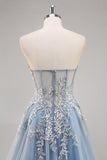 Dusty Blue A Line Strapless Sheer Corset Beaded Long Prom Dress with Slit