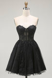 Black A Line Strapless Appliqued Corset Cocktail Dress