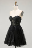 Black A Line Strapless Appliqued Corset Cocktail Dress