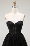 Black A Line Strapless Appliqued Corset Cocktail Dress