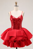 Sparkly Red A-Line Tiered Ruffled Homecoming Dress