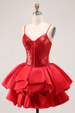 Sparkly Red A-Line Tiered Ruffled Homecoming Dress