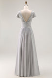 Silver A Line V Neck Ruched Mother Of The Bride Dress