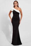 One Shoulder Mermaid Black Satin Long Formal Dress