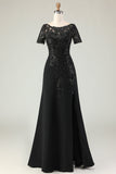 Black Sheath Satin Appliqued Long Mother of the Bride Dress with Sleeves