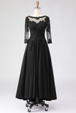 Black A Line Tea Length 3/4 Sleeve Mother of the Bride Dress with Appliques