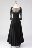Black A Line Tea Length 3/4 Sleeve Mother of the Bride Dress with Appliques