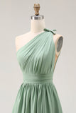 Green A Line One Shoulder Ruched Bridesmaid Dress with Slit