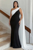 Black and White One Shoulder Sheath Plus Size Long Formal Dress with Streamer