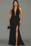 Black Halter Mermaid Satin Long Plus Size Formal Dress with Slit