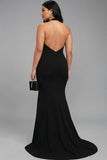 Black Halter Mermaid Satin Long Plus Size Formal Dress with Slit