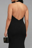 Black Halter Mermaid Satin Long Plus Size Formal Dress with Slit