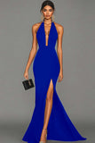 Mermaid Black Halter Satin Long Formal Dress with Slit