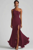 Black Chiffon One Shoulder Mermaid Formal Dress with Slit
