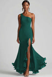Black Chiffon One Shoulder Mermaid Formal Dress with Slit