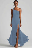 Black Chiffon One Shoulder Mermaid Formal Dress with Slit