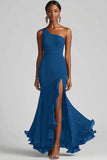 Black Chiffon One Shoulder Mermaid Formal Dress with Slit