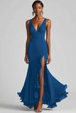 Black V Neck Ruffled Mermaid Formal Dress with Slit