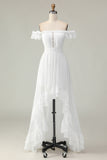 White Off The Shoulder Ruffle Graduation Dress