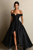 Off The Shoulder A Line Black Prom Dress with Slit