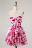 Blue Flower A-Line Strapless Front Bow Tiered Mini Cocktail Dress