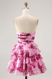 Blue Flower A-Line Strapless Front Bow Tiered Mini Cocktail Dress