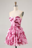Blue Flower A-Line Strapless Front Bow Tiered Mini Cocktail Dress