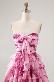 Blue Flower A-Line Strapless Front Bow Tiered Mini Cocktail Dress