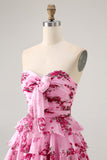 Blue Flower A-Line Strapless Front Bow Tiered Mini Cocktail Dress