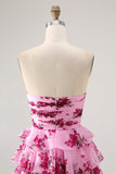 Blue Flower A-Line Strapless Front Bow Tiered Mini Cocktail Dress