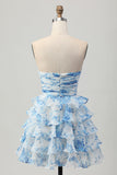 Strapless White Blue Flower A-line Tiered Short Homecoming Dress with Bow