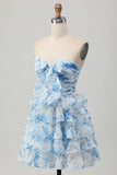 Strapless White Blue Flower A-line Tiered Short Homecoming Dress with Bow