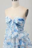 Strapless White Blue Flower A-line Tiered Short Homecoming Dress with Bow