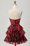 Black Red Floral A-line Sweetheart Tiered Corset Short Homecoming Dress