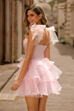 Sparkly Pink Off The Shoulder Corset A Line Tiered Short Ball Dress