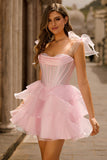 Sparkly Pink Off The Shoulder Corset A Line Tiered Short Ball Dress