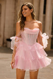 Sparkly Pink Off The Shoulder Corset A Line Tiered Short Ball Dress