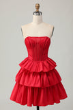 Green A-line Strapless Tiered Corset Beaded Short Homecoming Dress with Bow