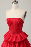 Red Strapless A-line Tiered Corset Beaded Short Homecoming Dress with Bow