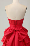 Red Strapless A-line Tiered Corset Beaded Short Homecoming Dress with Bow